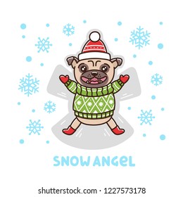 Сute dog breed pug in a fair isle sweater and hat, laying on the snow making a snow angel. It can be used for sticker, patch, phone case, poster, t-shirt, mug and other design.