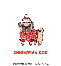 Сute dog breed pug in a fair isle red sweater and hat. It can be used for sticker, patch, phone case, poster, t-shirt, mug and other design.