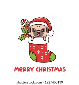 Сute dog breed pug as a gift in Christmas sock with candy and mistletoe. It can be used for sticker, patch, phone case, poster, t-shirt, mug and other design.