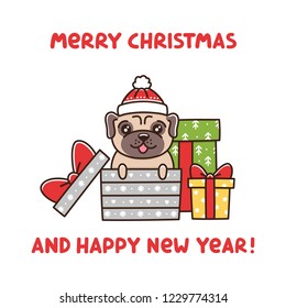 Сute dog breed pug as a gift in Christmas box. It can be used for sticker, patch, phone case, poster, t-shirt, mug and other design.