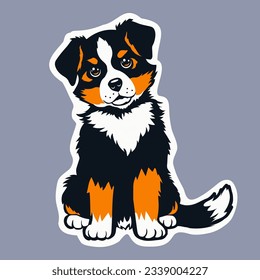 Dog breed Sennenhund sits. Puppy black-white-red color. Design element, sticker, isolated from the background.