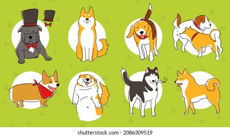 Dog breed set with Grass background: Corgi, Pug, Shiba Inu, Beagle, Husky... 