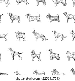 Dog breed set, seamless pattern design, hand drawn vector illustration, black sgape on transparent background 