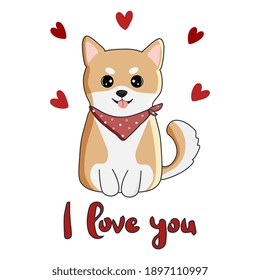 Сute dog breed shiba inu.  The inscription: I love you! Excellent design for Valentine's day card, sticker, patch, poster, t-shirt, mug and other design.