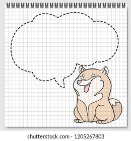 Dog breed Shiba Inu sitting with speech bubbles on lined paper background.Cartoon doodle style.Vector illustration.