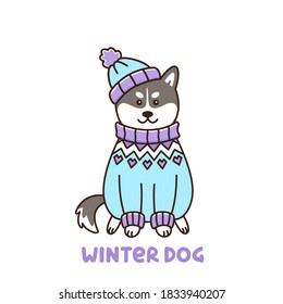 Сute dog of breed Siberian Husky in Icelandic sweater and hat, isolated on white background. It can be used for sticker, patch, phone case, poster, t-shirt, mug and other design.