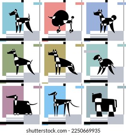Dog breed silhouettes. Set of card templates. Avantgarde graphic style. Vector Illustration on an abstract background. SSTKabstract