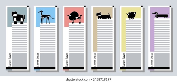 Dog Breed silhouettes. Set of six vertical web banner templates. Avantgarde graphic style. Vector illustration on an abstract background.