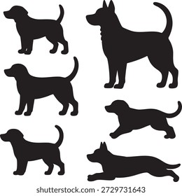 Dog Breed Silhouettes Vector Set. Black Pet Shadows Collection with Beagle and Shepherd Puppies in Different Poses. Isolated Animal Icons for Logo and Graphic Design.