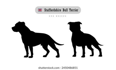 In: Dog Breed Staffordshire Bull Terrier. Silhouetten mit Seiten- und Vorderansicht auf weißem Hintergrund.