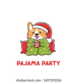 The dog breed welsh corgi wrapped in a blanket with stars, with a mug of hot drink. It can be used for sticker, patch, brochures, posters, ads, articles etc.