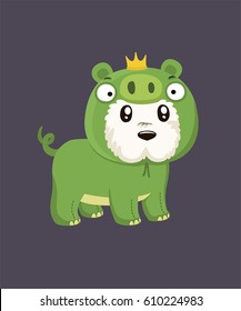 Dog breed West White Terrier. The puppy is dressed in a green pig suit.