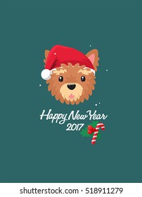 Dog breed Yorkshire Terrier. In puppy wearing a red Christmas hat. Text: Happy New Year!