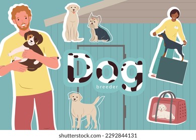 Dog breeder business collage with flat icons of animals with their human masters and pet carriers vector illustration