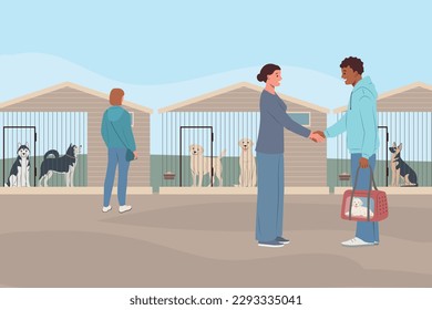 Dog breeder business flat composition with outdoor scenery pet cages and people shaking hands for deal vector illustration