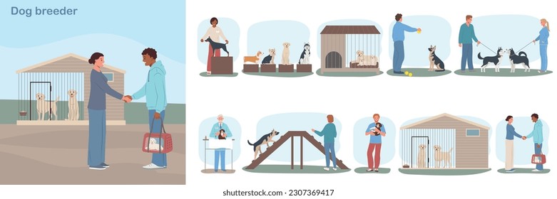 Dog breeder business flat composition with people shaking hands pets shelter and set of isolated icons vector illustration svg