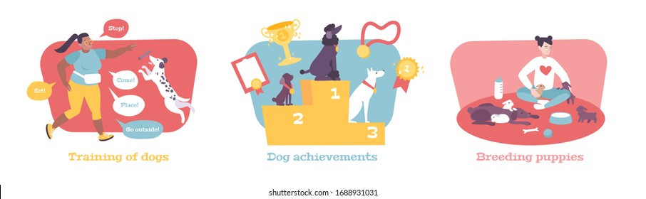 Dog breeding business teaching commands training for competitions shows winners award ceremony 3 flat compositions vector illustration