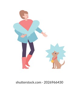 Dog breeding flat composition with luxury woman character and small dog with medal vector illustration