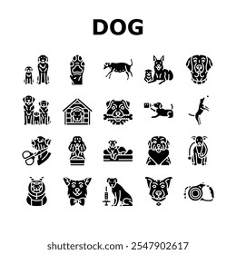 dog breeding genetics pedigree icons set vector. temperament health, nutrition training, socialization whelping, kennel lineage dog breeding genetics pedigree glyph pictogram Illustrations