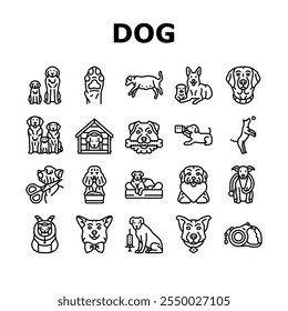 dog breeding genetics pedigree icons set vector. temperament health, nutrition training, socialization whelping, kennel lineage dog breeding genetics pedigree black contour illustrations