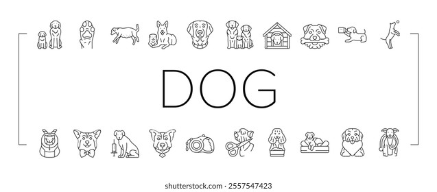 dog breeding genetics pedigree icons set vector. temperament health, nutrition training, socialization whelping, kennel lineage dog breeding genetics pedigree black contour illustrations