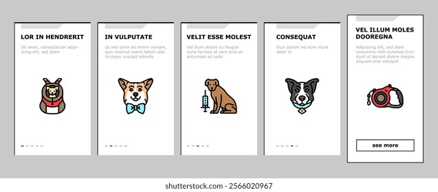 dog breeding genetics pedigree onboarding mobile vector temperament health, nutrition training, socialization whelping, kennel lineage dog breeding genetics pedigree illustrations