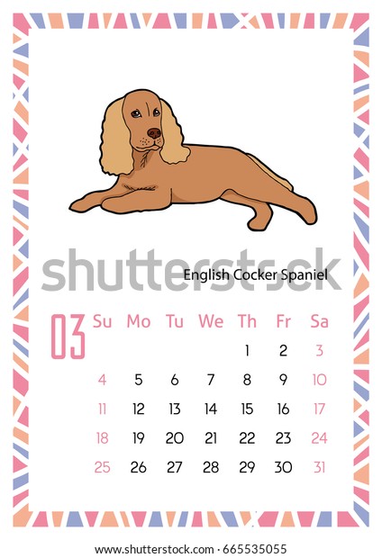 Dog Breeds Calendar English Cocker Spaniel Stock Vector - 