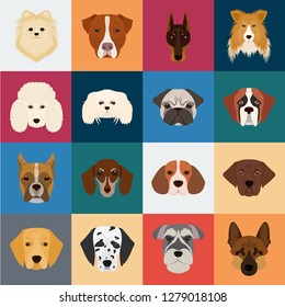 Perro engendra iconos de dibujos animados en la colección set para el diseño. Muzzle de un símbolo de perro vectorial ilustración de la web de material.