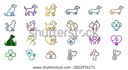 Dog Breeds Cat Kitten Paw Print Vet Cross Stethoscope Food Bowl Line Art Icons Collection Isolated Vector Design