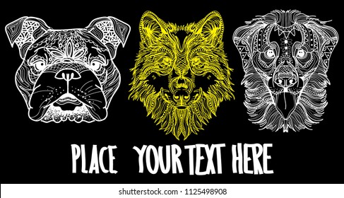 Dog breeds. Children's coloring, meditative coloring. English bulldog, huskyand Labrador. Meditative pattern. Dots, stripes, wool.