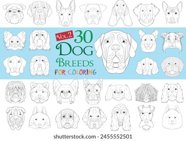 Dog Breeds Collection Volume 2: Set of 30 different dog breeds for coloring in cartoon style.