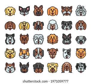 Dog Breeds Color Outline Vector Icons Pixel Perfect