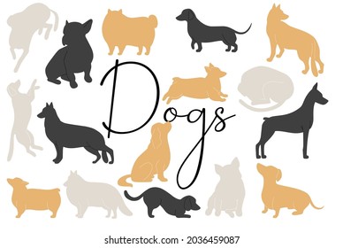 Dog breeds colorful silhouettes set in different poses.