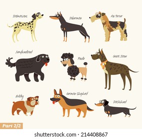 Dog breeds. Dalmatians, Bulldog, Newfoundland, Doberman, Great Dane, Fox Terrier, Poodle, Dachshund, German Shepherd. Funny cartoon character. Vector illustration. Isolated on white background. Set 2