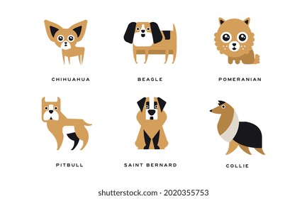 Dog Breeds Depicted in Flat Style with Chihuahua and Beagle Vector Set