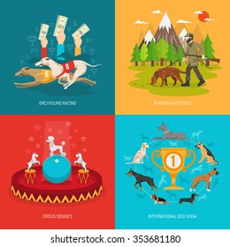 Dog breeds design concept set with circus racing and hunting animals flat icons isolated vector illustration