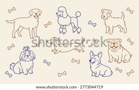 Dog breeds doodle icon set hand drawn vector illustration with cute puppy faces in simple cartoon style