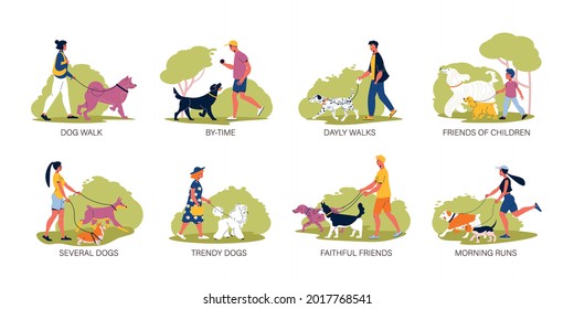 Dog breeds flat compositions with people walking their poodle spitz malamute dalmatian afghan hound husky doberman and others isolated vector illustration