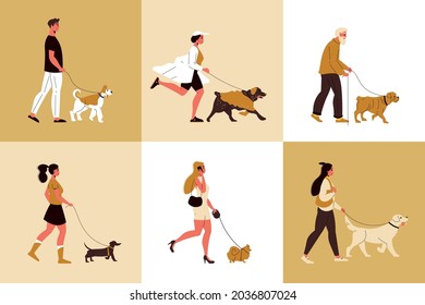 Dog breeds flat design concept with people walking labrador bulldog dachshund spitz terrier and aussie isolated vector illustration