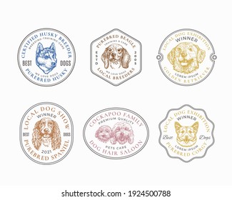 Dog Breeds Frame Badges or Logo Templates Collection. Hand Drawn Husky, Spaniel, Retreiver, Corgy and Beagle Dogs Face Sketches with Retro Typography and Borders. Vintage Premium Emblems Set Isolated.