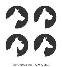 Dog breeds graphic icons set. Dogs signs in the circle isolated on white background. Dog breeding symbols. Vector illustration