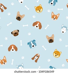 Dog Breeds Head Seamless Pattern, Blue Background, Footprint and Bone