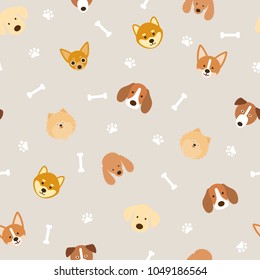 Dog Breeds Head Seamless Pattern, Light Background, Footprint and Bone