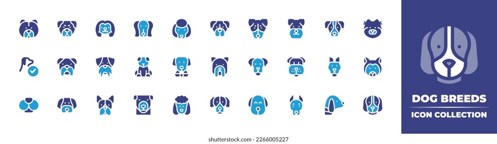 Dog breeds icon collection. Duotone color. Vector illustration. Containing chow chow, rottweiler, pekingese, saluki, poodle, boxer, rat terrier, schnauzer, english pointer, pomeranian, dog, akita inu.