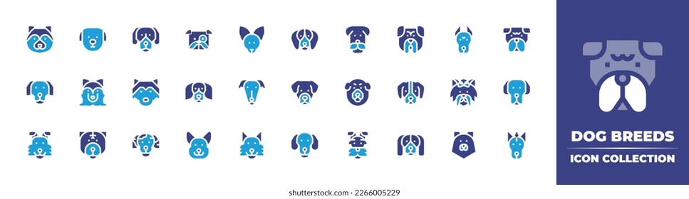 Dog breeds icon collection. Duotone color. Vector illustration. Containing dog, beagle, bulldog, chihuahua, dachshund, airedale terrier, doberman, golden retriever, malamute, greyhound.