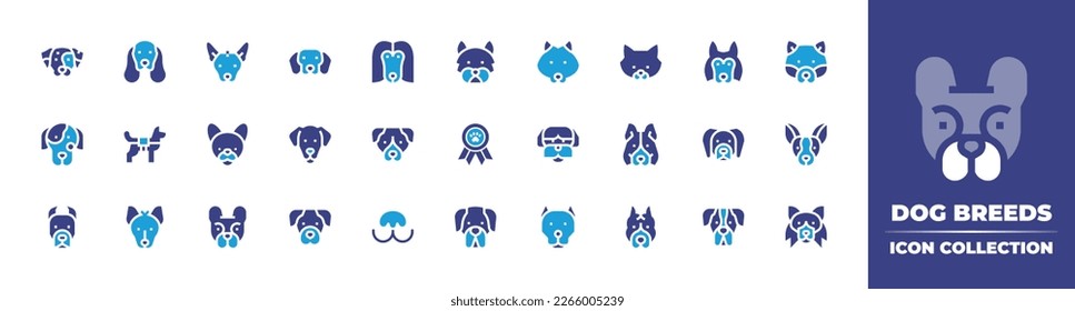 Dog breeds icon collection. Duotone color. Vector illustration. Containing dalmatian, cocker spaniel, xoloitzcuintle, dachshund, afghan hound, west highland terrier, samoyed, pomeranian.