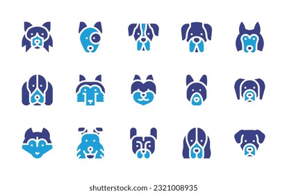 Dog breeds icon set. Duotone color. Vector illustration. Containing border collie, bull terrier, saint bernard, great dane, belgian shepherd, basset hound, malamute, west highland terrier, german.