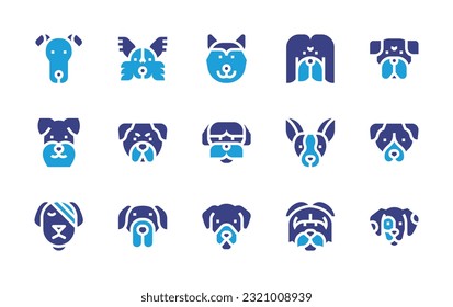 Dog breeds icon set. Duotone color. Vector illustration. Containing greyhound, papillon, shiba inu, maltese, boxer, schnauzer, rottweiler, shih tzu, chihuahua, pitbull, injured dog, great dane, south.