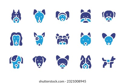 Dog breeds icon set. Duotone color. Vector illustration. Containing pitbull, xoloitzcuintle, chinese crested, yorkshire terrier, rottweiler, afghan hound, bull terrier, shibainu, dalmatian, labrador.