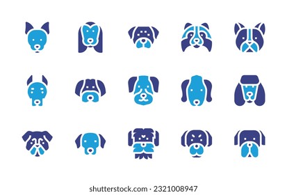 Dog breeds icon set. Duotone color. Vector illustration. Containing rat terrier, afghan hound, rottweiler, shetland sheepdog, bulldog, dog, water dog, dachshund, bedlington terrier, poodle, pug.